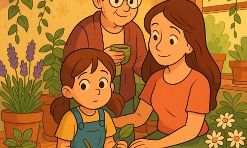 Bambina di 8 anni, Sofia, viso rotondo, occhi nocciola grandi, capelli castani in due codini, espressione leggermente confusa ma serena, seduta su un tappeto blu a disegnare fiori in un piccolo quaderno tenendo una foglia; la madre (30–35 anni), capelli lunghi castani, sorriso dolce, seduta accanto a lei con una mano sulla spalla; la nonna (65–70 anni), capelli grigi raccolti, occhiali rotondi, in piedi dietro con una piccola tazza di tisana e sguardo caldo; ambiente serra interna/camera delle piante con vasi di terracotta, lavanda, mentuccia, margherite e liane, luce dorata che filtra dalla finestra, atmosfera intima e tranquilla mentre la bambina parla piano alle piante e respira profondamente; colori pastello caldi, contorni morbidi in stile cartone animato anni ’90, linee pulite, colori saturi ma soffici, texture di carta e terracotta, inquadratura mezza figura centrata sui tre personaggi.