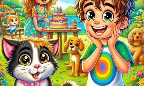 Un ragazzo di 10 anni, Leo, con capelli castani disordinati e occhi vivaci, è al centro dell'immagine, indossando una maglietta colorata e pantaloni corti. Sorride ampiamente, mostrando la sua gioia, mentre si trasforma in un adorabile gattino bianco e nero, con grandi orecchie e occhi rotondi, che sembra sorpreso e divertito. A destra, Fido, un cane di taglia media con pelo dorato e orecchie pendenti, guarda Leo confuso, mentre a sinistra, la mamma di Leo, una donna di circa trent'anni con capelli castani e un sorriso caloroso, sta preparando una festa di compleanno, circondata da palloncini colorati e festoni scintillanti. La scena si svolge in un giardino soleggiato, pieno di fiori vivaci e alberi verdi, con un grande tavolo decorato di torte e dolci sullo sfondo. Leo, il gattino, gioca con Fido mentre la mamma prepara la festa, creando un'atmosfera gioiosa e festosa, piena di risate e sorprese.