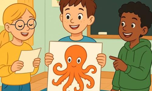 Drie kinderen van ongeveer 10 jaar in een warme klas: een jongen met kort bruin haar en sproetjes in het midden toont trots een groot blad met een illustratie van een oranje octopus, links staat een blonde meisje met paardenstaart en ronde bril in een geel trui die een kort gedicht voorleest, rechts een jongen met krullend zwart haar en groene trui wijst lachend naar een detail van een octopustekening met zonnebril; de klas heeft pastelkleurige muren, een grote linkerraam met goudlicht, een schoolbord met gekleurde krijtjes, houten tafels, een maritiem tapijt, dierenposters en verspreide kleurpotloden en penselen; sfeer zelfverzekerd, samenwerkend en vriendelijk, felle kleuren, eenvoudige vormen en strakke lijnen in een vrolijke vectorstijl, compositie gericht op de grote octopusillustratie.