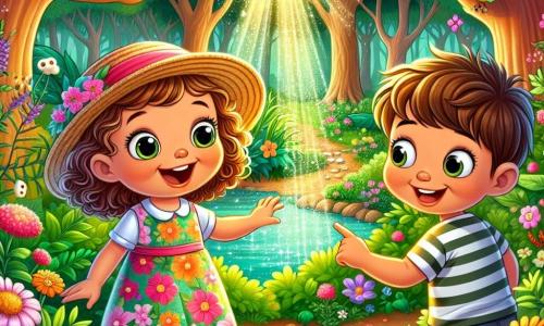 Uma menina de 4 anos, Lúcia, com grandes olhos brilhantes e cabelos cacheados, veste um vestido colorido de flores e um chapéu de palha. Cheia de encantamento e curiosidade, ela observa com empolgação um pequeno caminho secreto no parque. Ao seu lado, seu amigo Tomás, um garoto de 5 anos com cabelo curto e uma camiseta listrada, sorri enquanto aponta para a luz misteriosa que brilha atrás de um arbusto. O parque está repleto de grandes árvores com folhas verdes vibrantes, flores multicoloridas e um pequeno lago cintilante sob o sol. Pássaros cantam alegremente nos galhos, adicionando uma atmosfera mágica ao local. A cena principal mostra Lúcia e Tomás se aproximando do arbusto, intrigados pela luz que brilha através das folhas, prontos para descobrir o mistério que os aguarda.