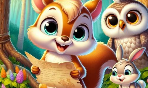 In an enchanted forest, a young squirrel named Pip, with golden-brown fur and large, sparkling eyes full of curiosity, stands at the center of the image, holding an unfolded old parchment in front of him. His expression reflects excitement and wonder as he gazes at the mysterious treasure he has discovered. Next to him, Luna, a majestic owl with white and gray feathers, perches on a low branch, her large round eyes shining with intelligence. She watches Pip with an encouraging smile, ready to assist him on his adventure. Benny, a small rabbit with long ears and soft beige fur, stands a little back, hopping in place with enthusiasm. His face is lit up with a joyful smile, eager to uncover what the treasure holds. The setting is a lush forest filled with majestic trees with vibrant green leaves, colorful flowers blooming around them, and soft sunlight filtering through the foliage, creating a magical and warm atmosphere. The main scene shows Pip, Luna, and Benny together, ready to embark on an adventure, with the mysterious parchment in hand, symbolizing the start of an exciting quest to discover hidden treasure in the heart of the forest.