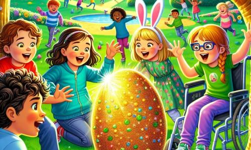 In a sunny park, four children are gathered around a large tree. Max, an 11-year-old boy with curly hair and a red shirt, looks excitedly at a sparkling golden egg he has just discovered. To his right, Ella, a 10-year-old girl in a wheelchair wearing a blue floral dress, smiles joyfully while holding a small notebook. On the left, Zoe, an 11-year-old girl with braided blonde hair, makes a dramatic gesture with her arms raised, as if telling an incredible story. Finally, Leo, a 10-year-old boy with glasses and a green t-shirt, crouches near the egg, his eyes wide with surprise. The park is filled with bright colors: multicolored flowers line the paths, and children play in the background, laughing and running. A large sign decorated with rabbits and Easter eggs stands beside them, adding to the festive atmosphere. The main scene shows the children discovering the golden egg, a symbol of their Easter adventure, surrounded by laughter and friendship, ready to make a wish together.