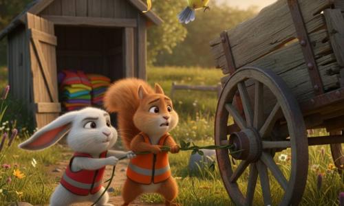 Hazel, a small white rabbit with long floppy ears wearing a bright reflective red vest, concentrates as she gently pulls a vine with her front paws; beside her Pip, a red squirrel with a bushy tail in an orange vest, anxious but determined, helps pull; above them Sky, a blue-and-yellow tit, flies over the cart holding a yellow ribbon in her beak that streams like a banner; an old wooden-and-metal cart with wide worn wheels and patches of rust rolls slowly toward a ditch at right; a partly open wooden shed filled with colorful vests, tall grass, wildflowers, stones and a dirt path fill the background; warm golden late-afternoon light, soft shadows, warm palette, detailed 3D cartoon look with soft fur and wood textures, clear expressions, slightly high medium shot showing the action and tension.