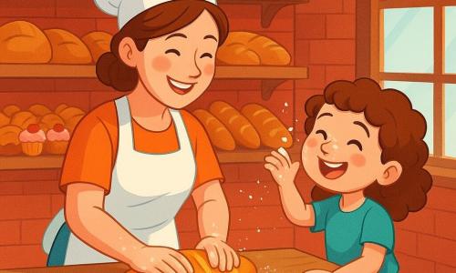A baker woman, Mira, stands behind a large wooden counter, smiling warmly with rosy cheeks and brown hair tied in a bun. She wears a white apron and a baker's hat, her hands covered in flour as she delicately shapes a golden loaf. Next to her, a small girl named Lila, 7 years old, with curly hair and sparkling eyes, laughs while trying to sprinkle flour on her nose, standing on a small step to reach the counter. The place is a cozy bakery with red brick walls, wooden shelves filled with golden breads and colorful pastries, and a large window letting in morning light, illuminating the room with a soft glow. The main scene shows Mira and Lila preparing bread together, with laughter and flour in the air, creating a joyful and welcoming atmosphere full of magic and sweetness.