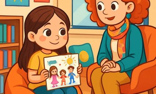 An 8-year-old girl with long brown hair and sparkling eyes is sitting on a fluffy beanbag in a bright office. She has a shy yet determined smile, holding a colorful drawing of her family. Next to her, Miss Carter, a woman in her 30s with curly red hair and a colorful scarf, listens attentively while sitting in a comfortable chair. The office is decorated with cheerful posters, colorful cushions, and a bookshelf filled with books. The main scene shows the girl sharing her emotions through her drawing, surrounded by a warm and welcoming environment, symbolizing the importance of listening and support.