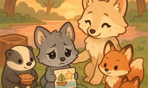 Wolfie, een klein grijs chibi-wolfje met grote zachte oren en glanzende ogen, kijkt verdrietig maar rustig en houdt een kleurrijke kaart met een bladboot en een grote ster; mama Wolfie, een beige chibi-wolf met zijdezachte vacht en liefdevolle blik, zit naast hem en legt troostend een poot op zijn schouder; Vosje, een rood chibi-jonkvrouwje, zit iets achter Wolfie met een bemoedigende uitdrukking en houdt een poot op een deken op de grond; vrienden (een gedrongen das, een langoorig konijn, een rood eekhoorntje) vormen een klein kringetje rond de familie, ieder met een warm gezicht en een klein aangeboden voorwerp (taart, hartvormige noot, notitieboekje), allemaal bij een oude holle boomstronk aan de oever van een rustig meer bij zonsondergang met roze-oranje weerspiegelingen, zachte groene grasveldjes en wilde bloemen, grote bomen met ronde bladeren; de scène toont een zacht herdenkingsritueel rond Wolfies kaart, warme serene sfeer, gouden avondlicht, geruststellende gezichten en troostende gebaren; grafische stijl: pasteltinten, dikke ronde contouren, zachte texturen, geruststellende sfeer voor jonge kinderen.