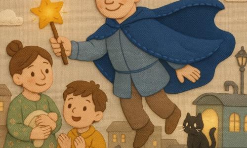 Un bărbat înalt și binevoitor, cu fața rotundă și ochi blânzi, zâmbește încrezător; poartă o pelerină lungă albastru-regal din satin, are părul scurt cu șuvițe cenușii și plutește ușor deasupra solului ținând o baghetă mică luminoasă aurie. Un băiat de circa 6 ani, cu păr scurt șaten și ochi sclipitori, aplaudă jos în stânga; poartă o jachetă galbenă și stă lângă mama sa. O femeie de aproximativ 30 de ani, cu părul prins în coc și o rochie verde cu motive florale, ține o pătură mică și privește spre bărbatul zburător cu expresie ușurată. O pisicuță neagră, cu siluetă rotundă și mustăți albe, stă pe acoperișul unui vagon și se uită curioasă la bărbat. Fundalul este un oraș colorat din piatră pastel, acoperișuri rotunjite, felinare din fier forjat și o cale ferată luminată cu un tren argintiu stilizat oprit în spate; norii sunt din fetru alb. Scena arată bărbatul încetinind ușor trenul cu bagheta sa luminoasă, pasagerii coboară veseli, lumină caldă în jurul personajelor, compoziție centrală și texturi de material vizibile.
