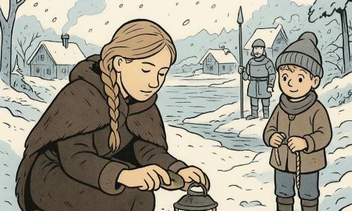 Mulher adulta — Freya — ajoelhada na neve, rosto calmo e concentrado, cabelos trançados, casaco de pele escuro e botas forradas; ela risca uma pedra no metal da sua lanterna para acender uma pequena chama. Menino de 6 anos — Torm — de pé um pouco afastado junto a uma trilha, gorro grande, olhos confiantes, segurando um pedaço de corda; observa Freya com admiração na entrada da aldeia. Homem adulto guarda — ao fundo, um guarda bigodudo em cotas simples com lança, atento junto à entrada. Local: trilha nevada ao lado de um fiorde, lagos congelados, troncos cobertos de neve, casas de madeira com telhados inclinados ao longe. Cena: noite clara sob nuvens baixas, vento rodopiando flocos; Freya reacende uma lanterna vacilante sobre um colchão de musgo seco, pequena chama quente contra o frio branco, atmosfera nórdica e serena.