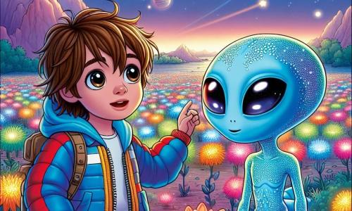 Un joven con cabello castaño alborotado, vestido con un traje espacial colorido, observa con asombro un paisaje extraterrestre, sus ojos brillando de emoción y curiosidad. Está de pie sobre un suelo cubierto de flores luminosas de colores vivos, que se extienden hasta donde alcanza la vista. A su lado, un extraterrestre de color azul celeste, con grandes ojos expresivos y piel brillante, sonríe cálidamente, mostrando una actitud amistosa y acogedora. Señala un cielo estrellado lleno de planetas y nebulosas brillantes, mientras una suave brisa hace danzar las flores a su alrededor. En el fondo, montañas majestuosas de tonos pastel se alzan bajo un cielo crepuscular, creando una atmósfera mágica y encantadora. La escena captura el momento en que el niño y el extraterrestre descubren juntos la belleza de este nuevo mundo, simbolizando la amistad y la aventura.