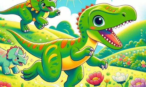 Un vélociraptor numit Răzvan, cu pene verzi și galbene strălucitoare, își exprimă bucuria alergând printr-o pajiște însorită, cu ochii strălucind de excitație. Alături de el, doi triceratopi, Titi, un dinozaur mare cu o coroană roșie impresionantă pe frunte, și Lili, mai mică și cu culori pastelate, sar de bucurie, fețele lor radiază fericire. Pajiștea este plină de flori colorate, într-un peisaj verde, cu dealuri blânde și un cer albastru presărat cu nori albi pufoși. Scena arată cum Răzvan și prietenii săi descoperă flori magice care strălucesc sub soare, pregătiți să își facă dorințe împreună, plini de entuziasm și aventură.