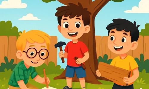 Es gibt drei Charaktere: Max, ein 10-jähriger Junge mit zerzausten braunen Haaren und funkelnden Augen, trägt ein rotes T-Shirt und eine blaue Shorts. Er steht in der Mitte und hält einen Hammer, bereit, das Dach des neuen Baumes zu bauen. Ben, ein 9-jähriger Junge mit blonden Haaren und runden Brillen, trägt ein kariertes grünes Hemd und beige Hosen. Er steht links und zeichnet Pläne auf ein großes Stück Papier. Leo, ein 10-jähriger Junge mit schwarzen Haaren und Sommersprossen auf der Nase, trägt ein gelbes T-Shirt und eine schwarze Shorts. Er steht rechts, hält ein Holzbrett und lächelt, bereit, seinen Freunden zu helfen. Die Szene spielt in einem sonnigen Garten mit einem großen Baum, bunten Blumen und grünen Gräsern, die im Wind tanzen. Im Hintergrund sieht man einen Holzzaun und einen blauen Himmel mit weißen Wolken. Die Hauptsituation zeigt die drei Freunde, die zusammen einen wunderschönen Baum bauen, umgeben von Werkzeugen und Materialien, während sie lachen und sich ermutigen und gemeinsam einen geheimen Raum voller Freude und Freundschaft schaffen.