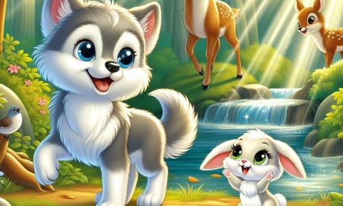 Un pequeño lobo de pelaje gris plateado, con ojos azules profundos brillando de curiosidad y alegría, se encuentra al borde de un arroyo resplandeciente, con una radiante sonrisa en su rostro. A su lado, un pequeño conejo blanco con grandes orejas y ojos chispeantes de gratitud salta de alegría, levantando las patas traseras, expresando su felicidad por haber encontrado su camino. Un majestuoso ciervo de pelaje marrón dorado y grandes cuernos está un poco retirado, con una sonrisa benevolente en su rostro, observando la escena con orgullo. El decorado es un hermoso bosque soleado, donde los rayos del sol filtran a través de las hojas verdes, creando patrones luminosos en el suelo cubierto de hojas doradas. Flores coloridas salpican el paisaje, añadiendo un toque de magia al entorno. La situación principal muestra al lobo y al conejo celebrando su nueva amistad tras haber cruzado el bosque juntos, rodeados de la belleza de la naturaleza, simbolizando la alegría y el apoyo mutuo que se han ofrecido.