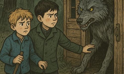 Er zijn 3 personages: Bram, een jongen van ongeveer 9 jaar met kort bruin haar, donkergroen mantel, vastberaden blik, staat voor de deur van een houten chalet en houdt beschermend de hand van Mees; Mees, ook ongeveer 9 jaar, warrig blond haar, blauwe jas, bezorgd maar moedig, links van Bram en houdend aan de hand van een tante of een bezemsteel, kijkt naar de wolf; en een grote grijze wolf met zwarte strepen, glanzend gele ogen en zichtbare tanden, nat en modderig, leunend tegen de deur van het chalet in een dreigende maar aarzelende houding. Locatie: klein houten chalet aan een bospaadje, versleten houten deur, donkere raamopening, omgevallen regenton morst modderig water, natte grassen en bladeren, zwarte knoestige boomstammen en groen gefilterd licht. Situatie: confrontatie op de drempel — de twee jongens beschermen hun tante en houden stand terwijl de boze, natte wolf de deur blokkeert; sterke contrasten tussen de warme kinderen en de koude grijze wolf, duidelijke texturen van hout, modder en vacht, spanningsvolle maar kindvriendelijke sfeer.