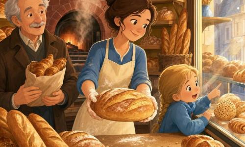 Een warme, glimlachende vrouwelijke bakker met bruin haar in een knot en een crème schort met meelvlekken houdt een groot goudbruin brood naar voren; een ongeveer zevenjarig blond meisje met ingevlochten vlecht en gouden ogen drukt haar neus tegen de etalageruit en wijst naar een klein rond broodje; links staat een ongeveer zeventigjarige man met grijs haar, fijne snor en een bruin mantel, die een pakket croissants vasthoudt en glimlacht. De kleine bakkerij heeft honingkleurige muren, lichte houten planken vol broden, een zacht rokende rode bakoven achterin en stapels meelzakken; ochtendlicht met gouden reflecties valt door de grote ruit en verlicht een houten toonbank met verschillende broodsoorten en enkele koekjes. Sfeer: kalme, troostrijke ochtend met warme, verzadigde kleuren (oker, bruin, geel) en een vleugje blauw in het kledingstuk van het meisje. Stijl: heldere vectorillustratie, zachte lijnen, eenvoudige contrasten, lichte schaduwen en platte volumes, geschikt voor een kinderboek.