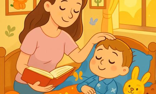Un bambino di 2 anni, con grandi occhi brillanti e un dolce sorriso, è sdraiato nel suo letto accogliente, circondato da cuscini morbidi e peluche colorati. Indossa un pigiama blu con stelle bianche e sembra calmo e sereno, respirando profondamente con un'aria di felicità. Sua madre, una donna di circa 30 anni con lunghi capelli castani, è seduta accanto a lui, con uno sguardo tenero e rassicurante. Indossa una maglietta pastello e pantaloni comodi, accarezzandogli dolcemente la testa mentre gli legge una storia. La stanza è calda, con pareti giallo chiaro e tende leggere che lasciano filtrare la luce soffusa della sera. Disegni di animali e fiori decorano le pareti e un tappeto morbido è steso sul pavimento. La scena principale mostra il bambino che chiude gli occhi, inspirando ed espirando lentamente, mentre una dolce luce dorata proviene dalla finestra, creando un'atmosfera pacifica e magica. Farfalle colorate fluttuano attorno a lui, aggiungendo un tocco da sogno a questa scena di serenità.