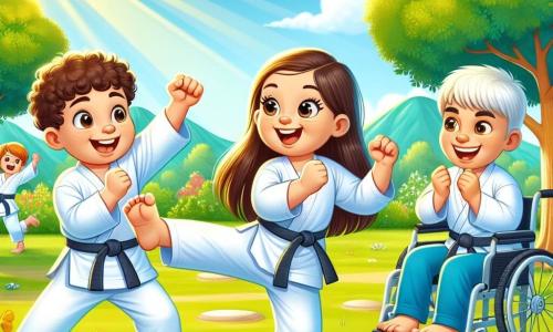 Într-un parc însorit, Alex, un băiat de 8 ani cu părul creț și ochi strălucitori, zâmbește fericit în timp ce face un mișcare de karate. Lângă el, Maria, o fetiță de 7 ani cu părul lung și brunet și un zâmbet larg, execută un picior în aer, plină de energie. Un pic mai departe, Vlad, un băiat de 9 ani în scaun cu rotile, aplaudă cu entuziasm, ochii săi strălucind de mândrie și bucurie. Parcul este verde, cu copaci frunziți, flori colorate și un cer albastru strălucitor. În fundal, se observă un grup de copii jucând frisbee, adăugând la atmosfera veselă și dinamică. Scena principală îi arată pe cei trei prieteni antrenându-se împreună, râzând și încurajându-se, ilustrând spiritul de echipă și camaraderia în sport.