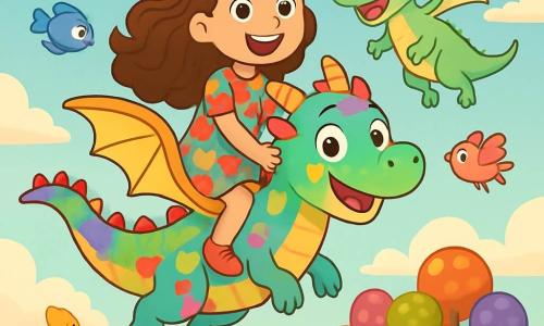 En el centro de la imagen, una niña de 8 años llamada Lila, con largos cabellos rizados de color castaño, lleva un vestido colorido adornado con motivos florales. Tiene una gran sonrisa en su rostro y los ojos brillantes de emoción mientras está montada en la espalda de un pequeño dragón de escamas multicolores, flotando alegremente en el aire. Junto a ellos, un dragón llamado Puff, con alas translúcidas y una expresión juguetona, gira en el cielo, sus escamas brillando bajo el sol. Parece encantado de mostrarle a Lila el mundo mágico que los rodea. Al fondo, la escena transcurre en una isla flotante llena de árboles de caramelos de colores vivos, ríos de limonada burbujeante y nubes en forma de malvavisco. Criaturas fantásticas, como peces voladores y pájaros de azúcar, añaden un toque de magia al entorno. La situación principal muestra a Lila y Puff sobrevolando la magnífica isla de los Chistes Perdidos, donde están a punto de descubrir bromas ocultas y compartir risas con personajes divertidos, creando una atmósfera alegre y lúdica.