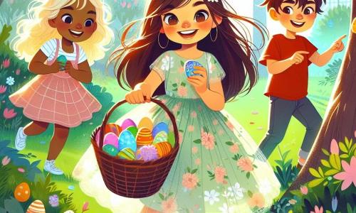 Una ragazza di 8 anni, Sofia, con lunghi capelli castani e occhi scintillanti di gioia, è al centro dell'immagine, sorridente e con un grande cesto pieno di uova di Pasqua colorate. Indossa un vestito leggero a fiori che danza con il vento, ed è circondata dai suoi amici. Marco, un ragazzo di 8 anni con capelli biondi disordinati e una maglietta rossa, è alla sua destra, mentre indica un grande albero dove ha trovato un uovo di cioccolato lucido. A sinistra, Giulia, una ragazza di 7 anni con capelli castani e occhiali rotondi, è accucciata, esaminando un uovo di plastica che ha appena scoperto nel giardino. Il luogo è un giardino primaverile, pieno di fiori colorati, alberi verdi e raggi di sole che filtrano tra le foglie, creando un'atmosfera gioiosa e festosa. I tre amici sono in piena caccia alle uova di Pasqua, ridendo e divertendosi, con uova nascoste ovunque intorno a loro, illustrando l'eccitazione e la magia di questa giornata speciale.