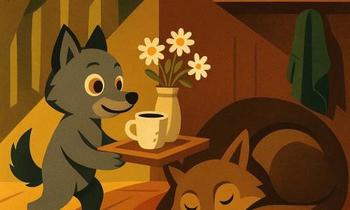 Little Wolf (a childlike young wolf) looks excited and focused, round amber eyes, soft gray fur and chubby paws, tiptoeing a wooden tray with a chipped cup and a meadow flower bouquet; Mama Wolf (a maternal adult) is curled up like a warm roll, cream-brown coat, breathing calmly with half-closed eyes, sleeping at the back of the den on a soft fox pelt; a moss-green scarf hangs on the wall near a shelf with a small spoon and the chipped cup; the den is a wooded clearing turned nest with rough wooden floor, morning bands of golden light through pine needles, scattered twigs and leaves, warm intimate atmosphere; main scene: Little Wolf tiptoeing, concentrated and joyful, gently offering the tray without waking Mama Wolf, frozen at the moment before she opens her eyes — soft composition, warm colors, stylized Art Deco shapes, flat contrasts and simple geometric patterns.
