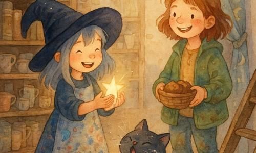 Mira, an 8-year-old apprentice witch, is focused and joyful, holding a small glowing star; her silver hair peeks from an oversized hat and her dress is stained with paint and star dust. Bea, a human friend of about 9, smiles holding a muffin basket near a ladder, wearing colorful socks and a dirt-stained green jacket. Pip, a round plump black cat with glitter-dusted whiskers, sneezes and jumps onto the bottom rung, bells on his collar jingling. The warm wooden workshop has creaky floors, leather-bound books, chipped mugs, and a large window with a moon-embroidered curtain. A garland of silver stars hangs above; one has fallen and glows in Mira’s hands. Mira is hanging the last star as the ladder tilts and the curtain begins to slip, muffin crumbs in the basket and threads of light sparkling around. Soft bright palette, pastel tones, wet-watercolor textures, golden light on the star and pearly glints on the cat’s glitter.