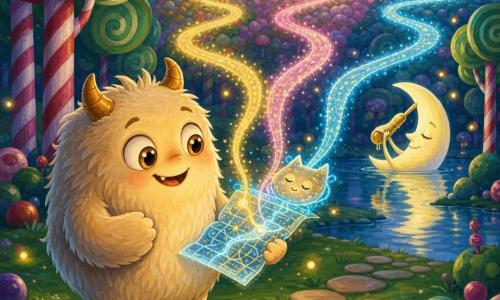 Momo è un tenero mostro sorridente e stupefatto, con pancia rotonda e soffice color crema, due piccole corna ambra, grandi occhi nocciola e zampette paffute; tiene tra le mani la Mappa di Luce, una carta vivente che ronza come un gatto fatta di filamenti blu e dorati che si apre fluttuando accanto a lui disegnando nell'aria tre sentieri scintillanti, mentre si trova in un bosco di zucchero — alberi con foglie a forma di caramella e tronchi a righe di zucchero d'orzo — con uno stagno specchio sotto una luna al tramonto e piccole lucciole gialle che danzano, pronto a seguire uno dei sentieri.