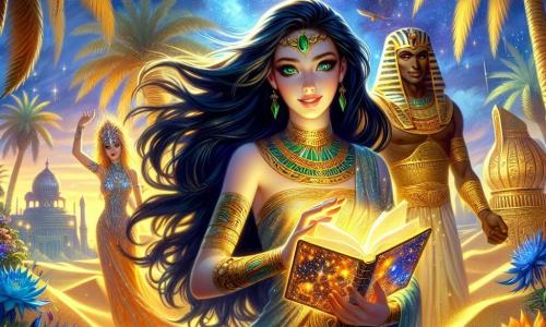 In the center of the image, Nefertari, an 18-year-old woman, stands proudly, her long black hair flowing in the wind like raven feathers. Her emerald eyes shine with wonder and determination as she holds a sparkling golden book open in front of her, revealing pages illuminated with starry patterns. Beside her, Khnum, a 40-year-old man dressed in a shimmering golden robe, stands with a benevolent smile. His bronze skin and sparkling wise eyes observe Nefertari with pride. In the background, Hathor, a 30-year-old woman draped in blue and silver fabrics, dances gracefully, her arms raised as if celebrating Nefertari's victory. Her curly hair glistens in the moonlight, radiating joy. The setting is a magical oasis surrounded by golden dunes under a starry sky, with lush palm trees swaying gently and colorful flowers emitting a soft glow, creating a fairy-tale atmosphere. The main scene shows Nefertari, filled with joy and pride, sharing the secrets of the gods with the villagers, while Khnum and Hathor encourage her with warm smiles, symbolizing the union between the human and divine worlds.