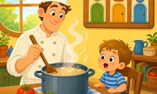 Um homem alto e afável veste chapéu de chef branco e jaqueta de cozinha creme, sorri suavemente e segura uma grande colher de pau sobre uma panela fumegante; uma criança pequena (3–4 anos) sentada numa cadeira de madeira observa a panela com olhos arregalados e boca aberta de admiração; uma tábua com legumes coloridos (tomate, cenoura, folha verde) está sobre a mesa; cozinha acolhedora com paredes amarelas, piso de tábuas claras e grande janela redonda com luz dourada; placa de madeira na parede mostra três portas desenhadas rotuladas Horta, Padaria, Sopa em tons pastéis; panela borbulha com pequenas bolhas brancas e vapor; estilo gráfico simples, formas arredondadas, cores vivas e contrastantes, traços nítidos, texturas planas, composição centrada no chef e na criança.