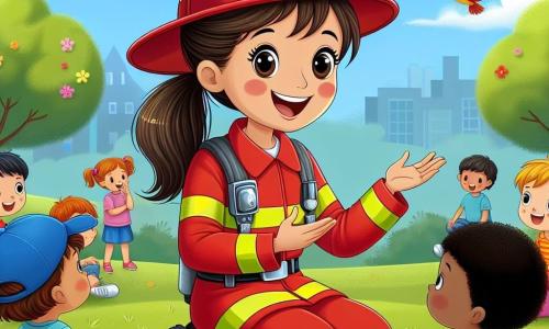 O femeie pompier, Maria, zâmbitoare și plină de viață, poartă o uniformă de pompier roșie aprinsă cu un căști strălucitoare. Părul ei brun este prins într-o coadă de cal, iar ochii îi strălucesc de bucurie în timp ce le povestește copiilor o poveste captivantă. Ana, o fetiță de 7 ani cu părul creț și obraje rumeni, o ascultă cu atenție, cu ochii mari de curiozitate. Lângă ea, David, un băiat de 8 ani cu o șapcă albastră, stă pe iarbă, cu picioarele încrucișate, nerăbdător să pună întrebări. Decorul este un parc însorit, cu copaci verzi luxurianti, flori colorate și un cer albastru deschis. Copiii se joacă în jur, râzând și distrându-se, în timp ce păsările cântă în crengi. Situația principală o arată pe Maria împărtășind povești fascinante despre meseria ei de pompier, captivând atenția copiilor care visează să devină eroi ca ea.