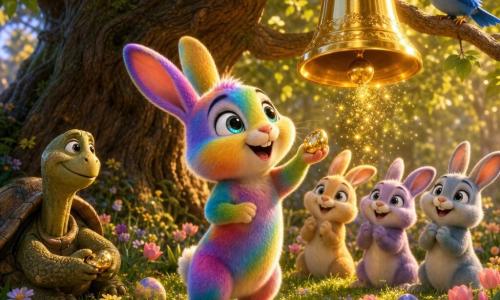 The main character is Benny, a small anthropomorphic rainbow-furred rabbit with star-bright eyes and a smiling, amazed face, standing on his hind legs admiring a polished golden Easter bell suspended from a low branch while holding a small shining pebble; three or four pastel-colored, cheerful rabbits form a semicircle behind him applauding softly, a bright blue bird perches on a nearby branch to the right singing and watching, and a wise turtle with a rough shell sits by a left-side bush holding a similar pebble. The setting is a hidden clearing in an enchanted forest with dewy, sparkling grass, a carpet of pastel wildflowers (tulips, daisies), golden sunlight filtering through green leaves, and a large gnarled tree at the center; the bell emits glittering light particles that fall like sparkles on the grass and colorful Easter eggs are partly hidden among the flowers. The scene centers on Benny discovering the magical bell, surrounded by joyful friends, evoking wonder, warmth, and Easter celebration with vivid colors, soft contrasts, golden light, and small sparkling effects.