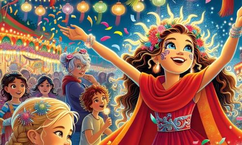 Lark Lumen, a smiling young woman with shiny hair like sun rays, wears a red cape that flows behind her. She has sparkling eyes and a bright smile as she stands on the edge of a dragon-shaped stage, ready to launch confetti. Next to her, DJ Snapdragon, a woman in her thirties with braided hair adorned with colorful clips, adjusts her sparkling earrings, displaying an expression of determination and excitement. In the background, a group of children, boys and girls aged about 8 to 10, watch in awe, some holding toys and others candy bags. The scene takes place at the Night Lantern Market, a vibrant and lively place illuminated by colorful lanterns swaying in the wind, with enticing food stalls and sparkling decorations. The main focus shows Lark, full of energy, ready to trigger a magical confetti show, while the crowd eagerly awaits, their eyes shining with excitement.