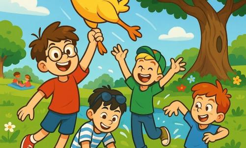 There are 4 children: - **Benny**: a 10-year-old boy with messy brown hair and round glasses. He wears a red t-shirt and blue shorts, standing with a huge rubber chicken above his head and a big smile on his face. - **Max**: an 11-year-old boy with blond hair and a backward cap. He wears a green t-shirt and jeans, next to Benny, laughing out loud with his arms raised as if celebrating. - **Leo**: a 10-year-old boy with black hair and sunglasses on his forehead. He wears a striped t-shirt and khaki shorts, crouched down picking up rolling apples with an amused expression. - **Sam**: a 10-year-old boy with red hair and freckles. He wears a light blue t-shirt and orange shorts, dancing with exaggerated gestures to imitate the chicken, wearing a mischievous smile. The main setting is a sunny park filled with greenery, featuring a large gnarled oak tree at the center, surrounded by colorful flowers and a nearby sparkling pond where ducks swim peacefully. In the background, children are playing and families are picnicking on blankets. The main scene shows the four friends having fun with the giant rubber chicken flying through the air. Benny, hanging onto the chicken, soars above the park while Max, Leo, and Sam run below, laughing and trying to catch him. Splashes of water and laughter fill the air, creating a joyful and playful atmosphere.