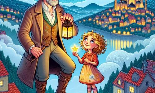A man named Elias, tall and slender, with salt-and-pepper hair and deep blue eyes, stands on a rocky ledge, his face marked by serenity and determination. He holds a shining lantern, its golden light illuminating his gentle and confident smile. Beside him, a young girl of about 8, with curly golden hair, watches in wonder, her sparkling eyes full of curiosity, holding a small paper boat decorated with suns. The setting is a picturesque village with houses featuring red tiled roofs and smoking chimneys, surrounded by a thick silver mist that envelops the landscape like a soft cloak. In the background, a shimmering lake reflects the stars beginning to appear in the twilight sky, adding a touch of magic to the scene. The main situation shows Elias, ready to release a shooting star that has delicately landed on the edge of his ledge, while the young girl encourages him with a radiant smile, creating an atmosphere of hope and courage.
