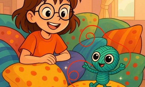 A 10-year-old girl named Mabel, with messy brown hair and round glasses, smiles with sparkling curious eyes. She is sitting in a fort made of colorful cushions, surrounded by cushions with various patterns like stripes and polka dots. Next to her, a small character named Bobbin, made of thread and buttons, with shiny eyes and a playful smile, joyfully dances on a fluffy cushion. The fort is set up in a cozy living room with pastel-colored walls, soft light filtering through a window, and toys scattered on the floor. The main scene shows Mabel and Bobbin following a shimmering red thread that wraps around them, ready to take them on a whimsical and absurd adventure through a tunnel of cushions.
