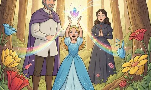 Princess Lila stands at the center, radiant and joyful with curly blonde hair and a blue sparkling dress, holding the Crystal of Colors high as it emits soft multicolored light; King Arlo to her left, about 45, proud and reassuring with a short gray beard and a purple cape, hand on her shoulder; Witch Malvina in the background, about 35, surprised but softened, dark dress faintly glowing and hands clasped; around them broad shiny-petaled flowers in vivid reds, yellows, pinks and blues and curled vines on the ground, in an enchanted glade of tall textured-trunk trees with golden sunbeams and a mossy stone path to the foreground — the princess raises the crystal sending waves of color, the characters react emotionally, the scene luminous, warm and gentle.