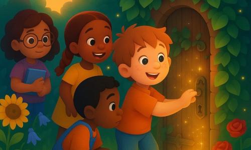 A 6-year-old boy with a round freckled face and tousled light brown hair, wide bright eyes and a smiling, amazed expression stands three-quarters before a small carved wooden door hidden in ivy, reaching for the handle; Ruby, about 6, with red hair in a braid and a yellow dress, smiles over his right shoulder; Ben, about 7, with short black hair, denim overalls and dirt-streaked hands, crouches left examining the lock; Mia, about 6, with wavy brown hair and small round glasses, holds a blue notebook slightly behind to the left, ready to enter; the setting is a lush garden at sunset with green grass, colorful flowerbeds and glowing fireflies; the old wooden door parts as the children speak a magic word and golden light and stardust spill out; overall warm, childlike illustration with soft contours, bright-but-gentle colors and smooth gradients.