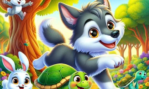A gentle and friendly wolf named Wally, with gray fur and bright eyes, joyfully smiles while jumping around a large tree, his front paws raised in the air, expressing his enthusiasm. Next to him, Benny the rabbit, with white fur and big ears, hops energetically, his eyes sparkling with happiness, while Tara the turtle, with her green shell and smiling face, moves slowly but determinedly, looking at the ground for lost flowers. Above them, Gina the bird, with colorful feathers and a curious look, flies in the blue sky, ready to help them. The scene takes place in an enchanted forest filled with majestic trees with vibrant leaves and bright flowers, bathed in the golden light of the setting sun. Wally and his friends discover a carpet of colorful flowers hidden under the large tree, celebrating their friendship and adventure.