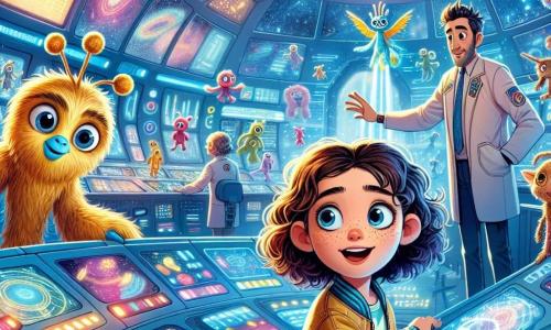 Uma menina de 10 anos, Sofia, com cabelos cacheados castanhos e olhos brilhantes de curiosidade, está no centro da cena, maravilhada e sorridente, diante de um grande painel de controle iluminado em uma estação espacial futurista. Ao seu lado, o Comandante Zirk, um extraterrestre de pele azul brilhante e grandes olhos gentis, ajusta botões brilhantes com uma expressão concentrada. Outro personagem, o Doutor Klat, um ser com antenas douradas e pelagem suave, observa as telas com um olhar atento, mantendo-se um pouco afastado. A estação espacial está cheia de luzes coloridas, painéis holográficos flutuantes e janelas que oferecem uma vista espetacular do espaço estrelado. Criaturas de diferentes formas e cores se movem ao redor deles, criando uma atmosfera dinâmica e mágica. A cena principal mostra Sofia, animada e determinada, participando de uma missão de pesquisa, ajudando a resolver um problema de comunicação intergaláctica, cercada por seus novos amigos extraterrestres.