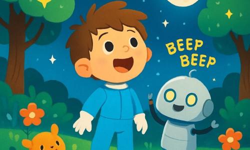 A young boy named Ben, with messy brown hair and a big amazed smile, stands next to his spaceship, Rocket. He wears a shiny blue spacesuit and excitedly looks at the starry sky. Beside him, a friendly robot, Rocket, is silver with bright eyes and a small smile, making joyful "beep beep" sounds while floating slightly above the ground. The setting is a lush green planet dotted with colorful flowers and tall trees with shimmering leaves. The deep blue sky is filled with bright stars and a large round moon. The main scene shows Ben and Rocket discovering a new world, awed by the beauty of the stars and landscapes, surrounded by small friendly creatures greeting them with joyful smiles, adding to the magical atmosphere of their space adventure.