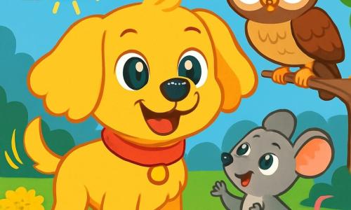 A small golden dog named Benny, with soft ears like clouds and bright eyes like candies, stands at the center of the scene, looking determined and joyful. He has a wide smile and his tail wags enthusiastically. Next to him is a small mouse named Millie, with gray fur and sparkling eyes, admiring Benny, her tiny paws raised as if ready to help. The setting is a sunny meadow dotted with colorful flowers like yellow dandelions and white daisies, under a bright blue sky. In the distance, a large brown owl named Oliver is perched on a branch, wings spread, ready to take flight. The main situation shows Benny and Millie united in their mission to help Oliver the owl find his way, surrounded by the beauty of nature that encourages them.