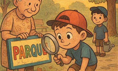Niño de 6 años, rostro redondo con pecas, ojos grandes marrones, gorra al revés y sonrisa concentrada, sostiene una lupa metálica junto a un cartel colorido del parque; a su izquierda una mujer de unos 70 años, pelo blanco en moño y ropa floreada, manos arrugadas que sujetan el cartel húmedo y arrugado con gesto amable y aliviado; otro niño de unos 5 años, pelo negro corto y sonrisa tímida, gorra rota colgada en una rama y una pequeña regadera en la mano, algo atrás a la derecha, muestra que ayudó a recoger el cartel; lugar: una pequeña plaza vecinal al anochecer con bancos de madera y fuente de piedra; escena: los niños y la anciana reinstalan el cartel mientras el mayor examina pistas con su lupa, ambiente cálido y cooperativo con luz naranja suave del atardecer.