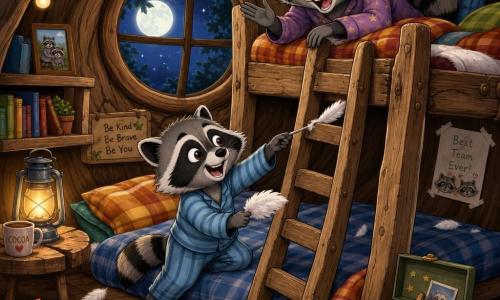 Milo, een kleine wasbeer met grijs vacht en zwarte strepen, glanzende ogen en een triomfantelijke glimlach, in blauw gestreept pyjama houdt een klein wit plumeautje en trekt een veer uit de trapleuning; Noor, zijn oudere zus met iets donkerdere vacht en kruimelvlek op de wang, lacht luid terwijl ze met haar hoofd over het bovenbed hangt en applaudisseert; de houten stapelbedden zijn robuust en versleten met kleurrijke plaids en kussens, kruimels en speelgoed op de vloer en een bewaardoosje; de kamer is een hol onder een grote eik met gebogen houten wanden, warme lichtslingers en een ronde ruit met de bleke maan; na een vrolijke kussengevechtssessie haalt Milo triomfantelijk de vastzittende veer tevoorschijn — centrale compositie, overdreven gezichten, warme kleuren, zachte schaduwen, speelse tedere sfeer.