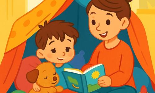 Un bambino di 4 anni, di nome Marco, con capelli castani arruffati e occhi pieni di curiosità, è seduto in un grande castello di coperte colorate. Ha un dolce sorriso ma un'espressione un po' stanca, e tiene un libro illustrato tra le mani. Accanto a lui, la mamma, una donna sulla trentina con capelli castani raccolti, è seduta a gambe incrociate, sorridente e affettuosa, mentre gli legge una storia. Indossa un maglione morbido e comodo, circondata da cuscini soffici. L'ambiente è un soggiorno accogliente, con pareti giallo pastello e raggi di sole che filtrano da una finestra, illuminando il pavimento in legno. Giocattoli colorati sono sparsi intorno a loro, aggiungendo un tocco di allegria all'atmosfera. In questa scena, Marco e la sua mamma condividono un momento di tenerezza, mentre Pippo, il cagnolino, è accoccolato accanto a Marco, portando calore e conforto.