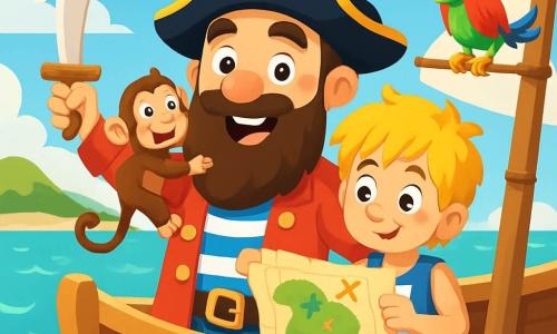 Kapitein Joris staat op het dek van zijn grote schip, de Blije Walvis. Hij heeft een lange bruine baard en draagt een zwarte piratenhoed met een rode veer. Zijn gezicht straalt van blijdschap en zijn ogen glinsteren van opwinding. Hij zwaait met een houten zwaard, klaar voor avontuur. Naast hem staat matroos Sam, een jongen van ongeveer 10 jaar met rommelig blond haar en een gestreept vest. Hij kijkt nieuwsgierig naar de schatkaart. Lila, een ondeugende aap, hangt aan Joris' schouder en trekt aan zijn baard met een ondeugend glimlachje. Tot slot zit Piet, de kleurrijke papegaai, op de mast en roept vrolijk. Het schip vaart over een sprankelend turquoise zee met zachte golven en groene eilanden aan de horizon. De lucht is helderblauw met pluizige witte wolken. De hoofdscène toont kapitein Joris en zijn bemanning die een mysterieuze schatkaart ontdekken, omringd door de opwinding van een groot avontuur dat komen gaat.