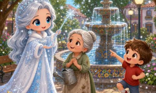 La Reina de las Nieves (del cuento de Hans Christian Andersen), mujer de rostro dulce pero decidido, ojos azul hielo brillantes, cabello largo plateado que centellea como escarcha, con abrigo blanco con reflejos azules bordado de copos, sostiene una varita de azúcar glace y sonríe mientras deja caer una fina lluvia de nieve luminosa que devuelve el agua al parque; la señora María, mujer de unos 60 años con pelo gris recogido en moño y blusa verde manchada de tierra, sostiene un pequeño regador vacío y mira a la Reina con esperanza junto a un parterre de tomates marchitos a la izquierda de la fuente; un niño de unos 8 años, pelo castaño corto y camiseta roja, salta riendo y señala una pequeña charca de agua en el centro del parque; parque vecinal con fuente central de piedra y mosaico, bancos de madera, árboles con hojas verdes y guirnaldas de papel, casas y farolas difusas; escena luminosa en colores pastel, alegre y reconfortante donde las plantas reviven y la fuente vuelve a fluir.