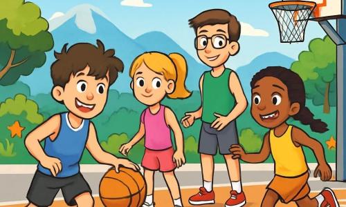 Hay 4 niños: - Alex: Un chico de 12 años, con cabello castaño desordenado y una sonrisa brillante. Lleva una camiseta de baloncesto azul y pantalones cortos negros. Dribla el balón con entusiasmo, inclinado hacia adelante. - Marta: Una chica de 11 años, con cabello largo y rubio atado en una coleta. Lleva una camiseta rosa y zapatillas blancas. Está al lado de Alex, lista para recibir el balón, con una mirada decidida. - Lucas: Un chico de 12 años, alto y atlético, con cabello castaño y gafas. Lleva una camiseta verde y pantalones cortos grises. Está en la parte de atrás, observando el juego con una sonrisa, listo para hacer un pase. - Sofía: Una chica de 11 años, pequeña y rápida, con cabello negro y trenzas. Lleva una camiseta amarilla y zapatillas rojas. Está en movimiento, corriendo hacia la canasta, llena de energía y entusiasmo. La escena tiene lugar en una hermosa cancha de baloncesto al aire libre, rodeada de árboles verdes y flores coloridas. El suelo es de concreto liso, con líneas blancas bien marcadas. Al fondo, se pueden ver montañas majestuosas bajo un cielo azul claro, con algunas nubes blancas flotando. La situación principal muestra a los niños jugando al baloncesto, con Alex driblando el balón, Marta lista para recibir un pase, Lucas observando el juego y Sofía corriendo hacia la canasta. La atmósfera es alegre y dinámica, llena de risas y energía.