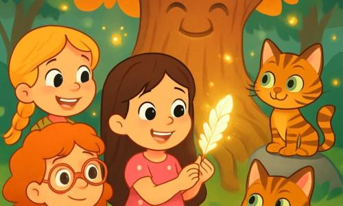 Ci sono 4 personaggi: Sofia, una bambina di 5 anni con lunghi capelli castani e occhi scintillanti, indossa un vestito rosa a pois bianchi e tiene una piuma brillante in mano; Giulia, una bambina di 5 anni con capelli biondi intrecciati e un sorriso radioso, è vestita con una maglietta gialla e pantaloni corti di jeans, guarda intorno con curiosità; Marta, una bambina di 5 anni con capelli ricci rossi e occhiali tondi, indossa una salopette blu e tiene un piccolo quaderno per prendere appunti; Biscotto, un gattino magico con pelo tigrato e occhi verdi brillanti, è seduto su una pietra, pronto a guidarli. I bambini si trovano vicino a un grande albero dalle foglie dorate, al centro della Foresta Incantata, con un volto sorridente e radici contorte attorno a loro. Fiori colorati e lucciole danzano nell'aria, creando un'atmosfera incantata. I bambini discutono con eccitazione, osservando la piuma brillante che Sofia tiene in mano, mentre Biscotto li guarda con aria maliziosa, pronti a partire per un'avventura alla ricerca di altre piume magiche per salvare la foresta.