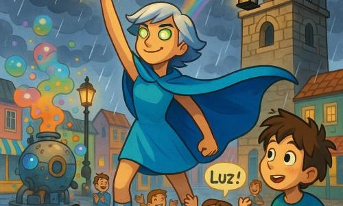 Una heroína, Luminara, en primer plano con rostro decidido y dulce, ojos verdes brillantes, capa azul eléctrico ondeando, pelo corto plateado y en actitud de acción con una mano alzada hacia el cielo que libera un rayo de luz cálida y dorada; Otto, un niño inventor de unos 10 años, cubierto de polvo azul y con el pelo despeinado, sostiene una pequeña caja colorida y mira asombrado desde la plaza; el Doctor Sombrío, hombre adulto, serio, con abrigo oscuro y una gran linterna negra que absorbe la luz, encaramado cerca de la cima de un viejo campanario, sorprendido y suavizado; una niña de unas 7 años con coletas en medio de la multitud, brazos alzados, grita LUZ!, rodeada de otros niños aplaudiendo; la escena transcurre en una gran plaza empedrada y mojada por la lluvia, con tiendas coloridas, faroles antiguos y un viejo campanario de piedra que domina la composición; a la izquierda, una gran máquina redonda casera junto a la fuente central emite humo coloreado y burbujas arcoíris; atmósfera contrastada con nubes grises que se deshilachan, rayos dorados que atraviesan la lluvia, colores vivos (azul, plata, amarillo, rosa) y un arcoíris naciente sobre el campanario; estilo dibujo animado 2D, líneas limpias, colores saturados, expresiones legibles y composición dinámica centrada en Luminara y el campanario.