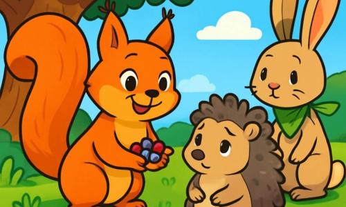 A bright orange squirrel named Maple, with a warm smile and sparkling kind eyes, stands at the center of the scene, holding colorful berries in her small paws. Next to her, a hedgehog with soft spines and sad eyes sits on the green grass, looking at Maple with a mix of curiosity and gratitude. A rabbit with large ears, wearing a worn leaf as a scarf, stands slightly back, his shy expression revealing a faint smile. In the background, a majestic oak tree provides shade, while a bright blue sky illuminates the landscape. The scene takes place during a joyful picnic, where Maple shares fruits with her new friends, creating an atmosphere of warmth, friendship, and comfort in a peaceful setting.