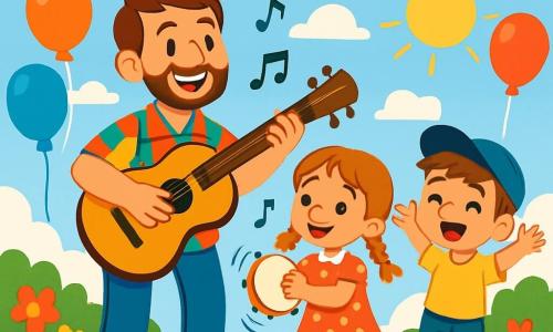 Ein fröhlicher Mann, Max, mit braunen Haaren und einem leichten Bart, spielt Gitarre auf einer Holzbühne. Er trägt ein buntes kariertes Hemd und Jeans, und sein großes Lächeln zeigt seine Leidenschaft für die Musik. Neben ihm schlägt ein 8-jähriges Mädchen, Mia, in einem rot gepunkteten Kleid mit Zöpfen, fröhlich auf eine kleine Tamburin. Ein 7-jähriger Junge, Ben, der eine niedliche blaue Mütze trägt, singt begeistert mit erhobenen Armen. Die Szenerie ist ein sonniger Garten, gefüllt mit bunten Blumen und schwebenden Ballons. Bunte Stoffgirlanden sind um die Bühne gehängt und schaffen eine festliche Atmosphäre. Die Szene zeigt Max und die Kinder, die zusammen spielen, umgeben von Lachen und Musik, während Noten in der Luft schweben und die Freude und Energie ihres großen Konzerts illustrieren.