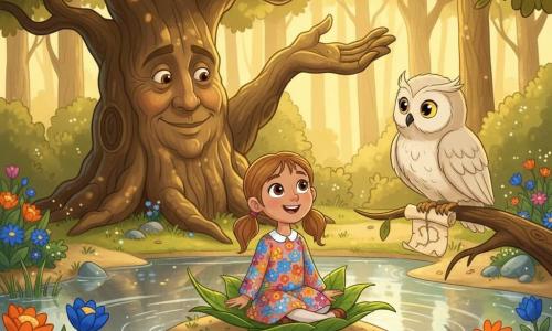 Six-year-old Mia smiles in wonder, eyes wide, chestnut pigtails and a colorful floral dress, sitting in a small boat of green leaves floating gently; behind her an ancient gnarled oak with a carved face and protective branches watches, and a wise cream-plumed owl with golden eyes perches on a low branch near the shore holding a small parchment map. The setting is a magical forest pond with silver water, vivid flowers and sparkling stones, golden light filtering through the leaves; Mia arrives by boat at a sandy island to meet the owl, the mood soft, poetic and slightly fairy-tale, warm colors, strong contrast, composition centered on the boat, oak left and owl right.